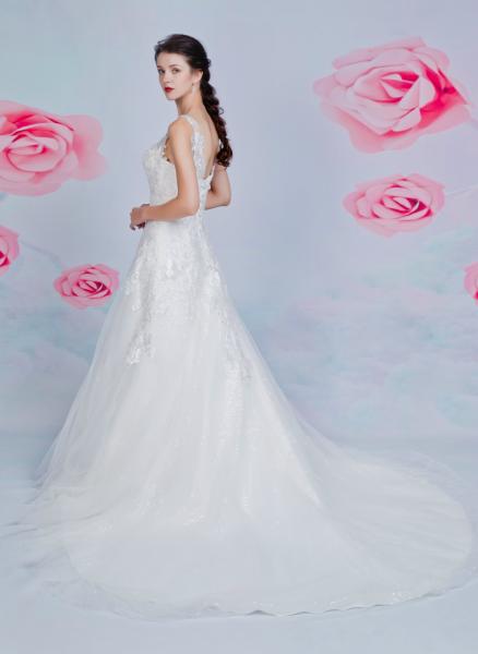 Kleid aus Tüll in A-Linie mit V-Ausschnitt und perlenbesetzten Spitzenapplikationen Ivory I Ivory/Rosé